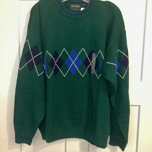 Gulf Trader Men's XL Longsleeve Argyle Crew Neck Cable Knit Sweater Green NOS